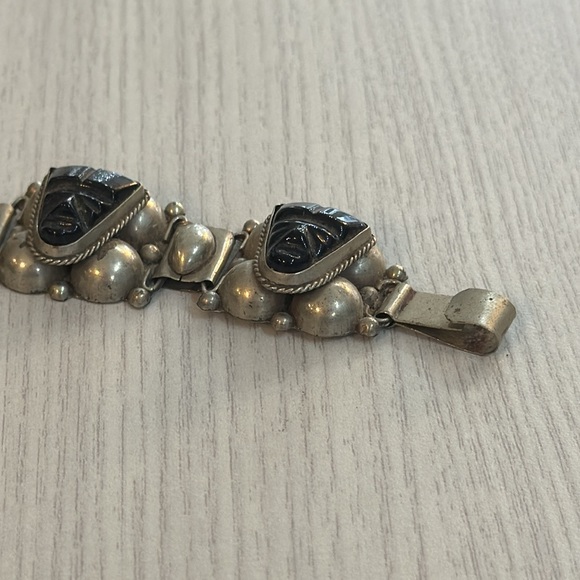 MEXICO 925 Silver  Vintage Face Carved Black Onyx Chain Bracelet - Picture 6 of 9